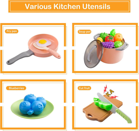 35Pcs Kids Kitchen Toy Accessories, Toddler Pretend Cooking Playset with Play Pots and Pans, Utensils Cookware Toys, Play Food Set, Toy Vegetables...