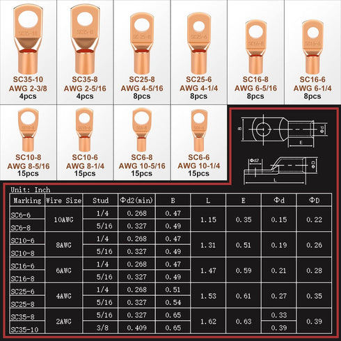 200pcs Battery Cable Ends, Copper Wire Lugs AWG 2 4 6 8 10 Gauge - 100Pcs Battery Cable Lugs Ring Terminal Connectors with 100Pcs Heat Shrink Asso...
