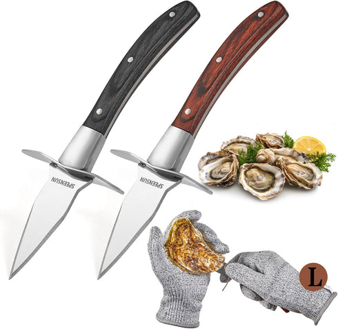 Oyster Shucking Knife,Oyster Shucker,2 Set Sturdy Sharpness Oyster Knife With Comfort Wood-handle,Oyster Shucking Kit With 1 Pairs Of Level 5 Prot...
