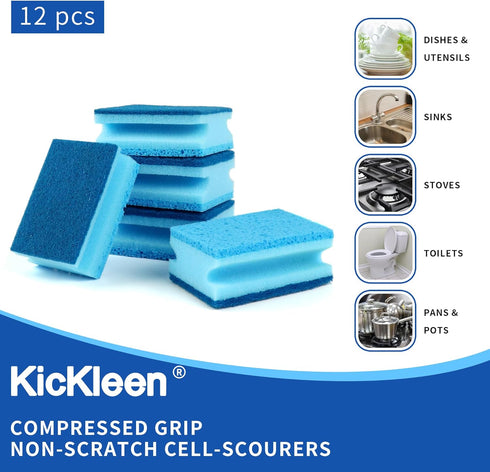 12 Count Compressed Grip Non-Scratch Cell-Scourers Sponges, 3-Layer Thick Kitchen Cleaning Sponge, Multifunctional Brush Pot Dishwashing Sponges, ...