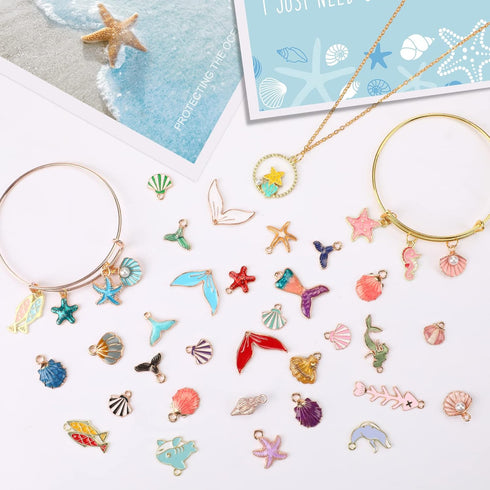 MARFOREVER 120 Pcs Ocean Themed Sea Charms for Jewelry Making, Assorted Gold Enamel Starfish Seashell Marine Pendants for Necklace Earring Bracele...