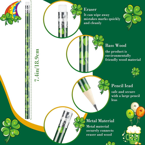 St. Patrick's Day Pencils Shamrock Pencils Clover Novelty Stripe Pencils with Eraser Assorted Kids Pencils Lucky Wood Pencils for 100th Day of Sch...