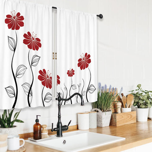Riyidecor Red Flower Kitchen Curtains for Christmas 27.5x39 Inch Floral Petals Rod Pocket Leaves Lines Woman White Plant Printed Living Room Bedro...