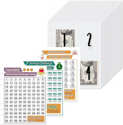 25 Sheets A5 Ring Binder Inserts for 100 Envelopes Money Saving Challenge Binder, with 3 Sheets Savings Challenge Tracker, Pre-Labeled 1-100 Money...