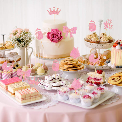 48 Pieces Baby Shower Cupcake Toppers for Girls Glitter Pink Baby Girl Food Picks Baby Shower Toothpicks for Girls Birthday Cake Decorations Party...