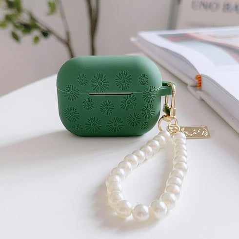 Flower Engraved Case for Airpods Pro 2nd/1st Generation Case with Cleaner Kit, Silicone Airpod Pro Protective Cover with Luxury Pearl Keychain for...