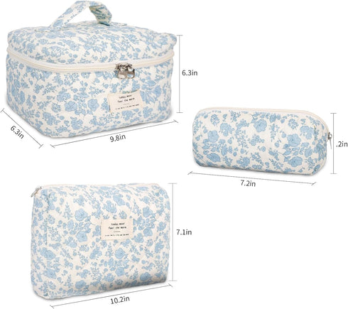 3Pcs Cotton Quilted Makeup Bag Large Travel Cosmetic Bag Coquette Makeup Pouch Cute Aesthetic Floral Toiletry Bag for Women Girls...