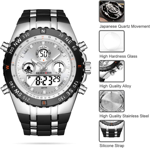 GOLDEN HOUR Luxury Military Sports Men's Watches Large Size Big Face 3ATM Waterproof, Stopwatch, Date and Date, Alarm, Luminous Digital Analog Wri...