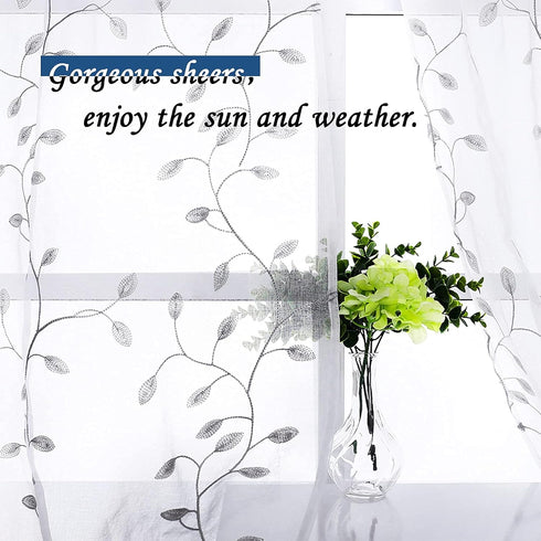 MRTREES Sheer Tier Curtains, Voile Short Kitchen Tiers Rod Pocket, Leaves Embroidery Bathroom Curtain Panels Small Half Window Treatment for Bedro...