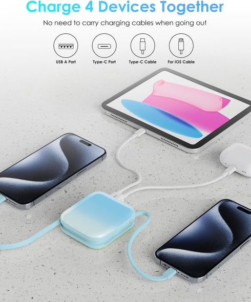 Mini Portable Charger Power Bank,22.5W 10000mAh Fast Charging Portable Phone Charger with Built in iOS and USB C Output Cable,LED Display Travel B...