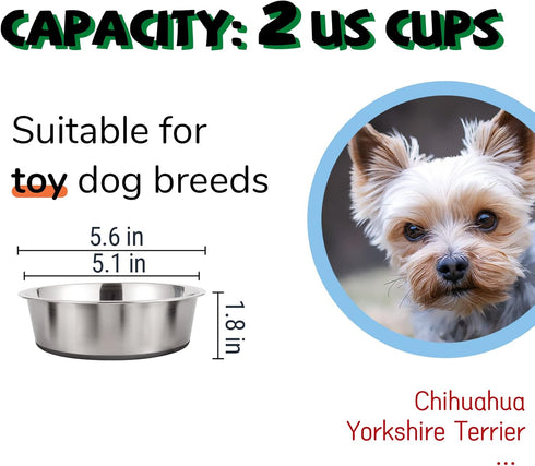 Stainless Steel Dog Bowls (Set of 2), Metal Pet Bowls with Rubber Bottom, Food & Water Dog Dish, Dishwasher Safe, Sturdy & Durable, 2 Cups, Ideal ...