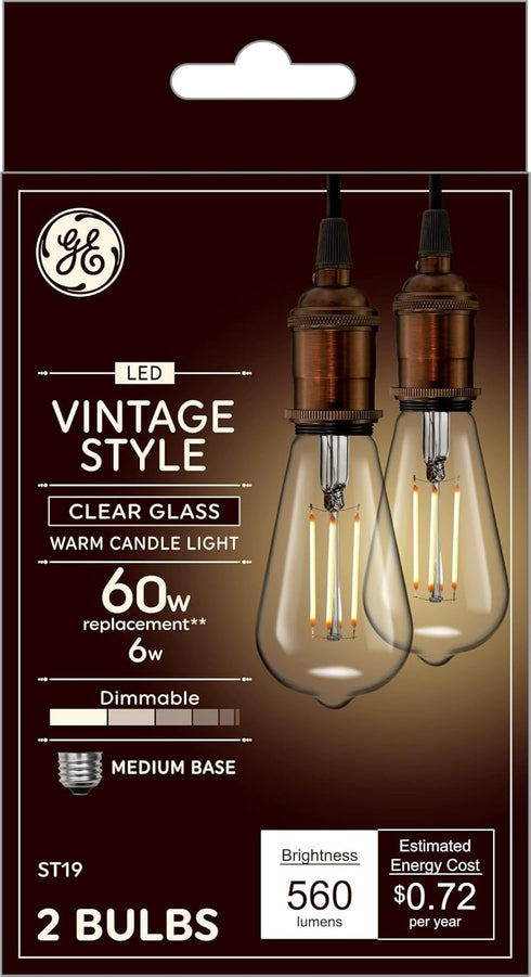 GE Vintage Style LED Light Bulbs, 60 Watt, Clear Finish, ST19 Edison Style Bulbs (2 Pack)...