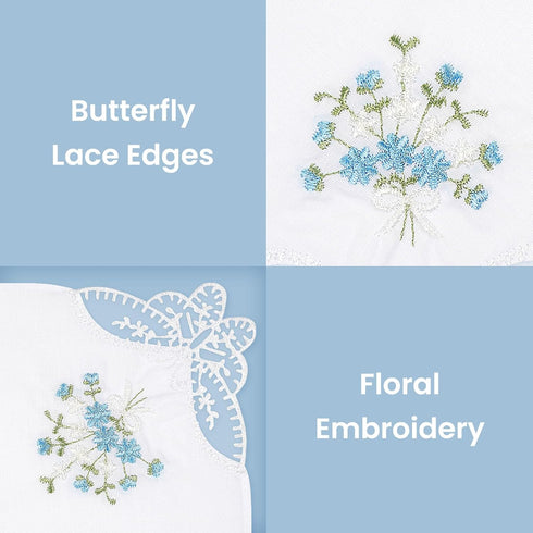 Selected Hanky Women's Cotton Handkerchiefs Flower Embroidered with Lace, Ladies Hankies 6 Pcs - Blue Floral...