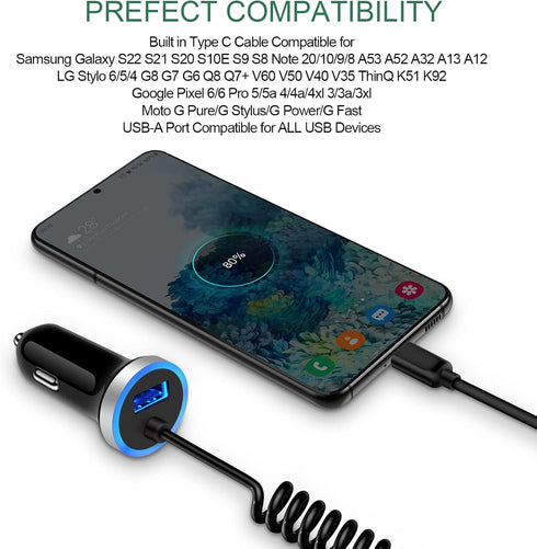 USB C Car Charger, 3.4A Fast Charging Car Charger Adapter with 3ft Type C Coiled Cable for Samsung Galaxy A15 5g A14 A13 A53 A54 A55 S24 S23 FE S2...