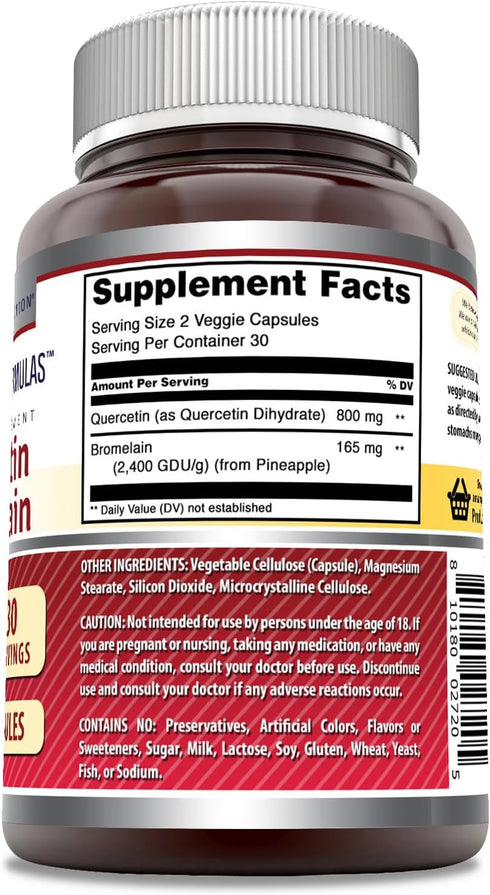 Amazing Nutrition Quercetin 800 Mg with Bromelain 165 Mg Veggie Capsules Supplement | Non-GMO | Gluten Free | Made in USA | Suitable for Vegetaria...