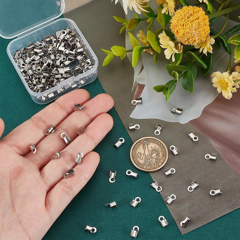 PH PandaHall About 200 Pcs 304 Stainless Steel Fold Over Cord Ends Terminators Crimp End Tips for Leather 4mm for Jewelry Making...
