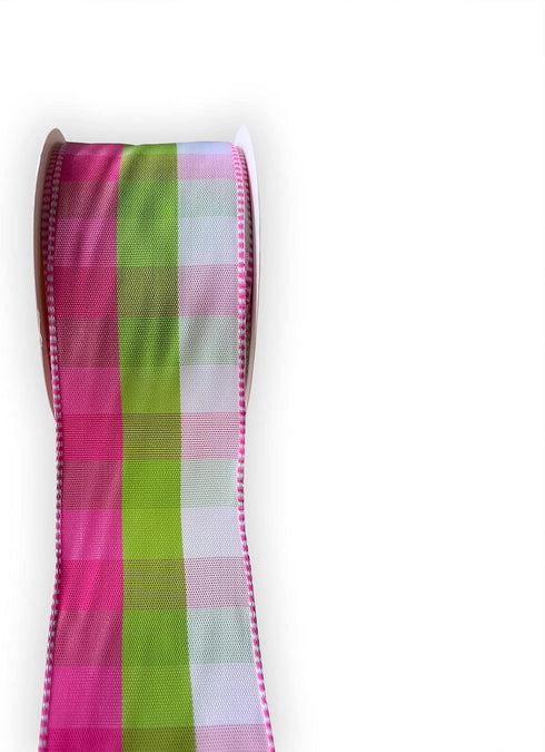 Spring Wired Plaid Ribbon with Pink Green White Gingham, 1 1/2 Inch X 10 Meters...