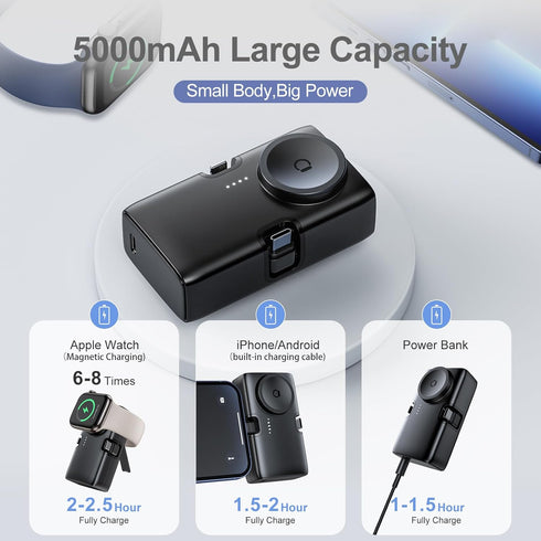 Portable Charger for iPhone Apple Watch,Samsung 5000mAh 20W PD Fast Charging Built-in Foldable USB-C Connector,Travel Power Bank Compatible with i...