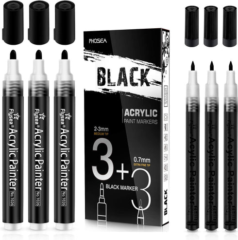 Black Acrylic Paint pens (6 Pack) Variety Pack - Extra Fine 0.7MM & Medium Tip 2-3MM - Water Based Paint Markers for Rock Painting, Stone, Ceramic...