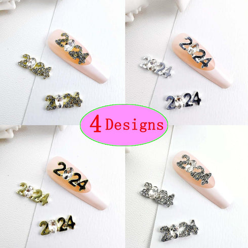 2024 Nail Art Decorations 2024 Number Nail Rhinestone Rivet 3D Alloy Nail Glitter Design Metal Digit Nail Diamond Supplies for Women Girls Manicur...