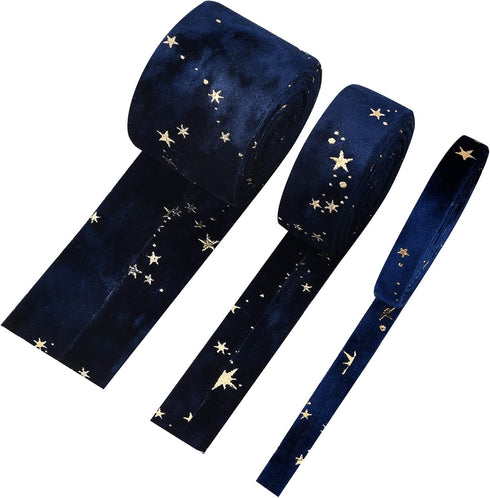 BENECREAT 6.6 Yards 3 Sizes Velvet Ribbons with Star Pattern Drak Blue Double Faced Velvet Ribbon for Sewing Craft, Mother's Day Festival Gift Pac...