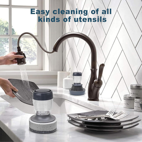 Dish Brush with Soap Dispenser, Dishwashing Heavy Duty Sponge Scrubber Refills Replacement Head, Kitchen Scouring Pad Wipes Scrub Cleaning Brush w...