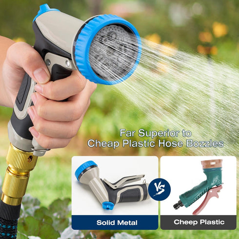 Garden Hose Nozzle - Heavy Duty Metal Water Hose Nozzle, High Pressure Water Nozzle with 8 Adjustable Spray Patterns for Watering Plants, Lawn, Wa...