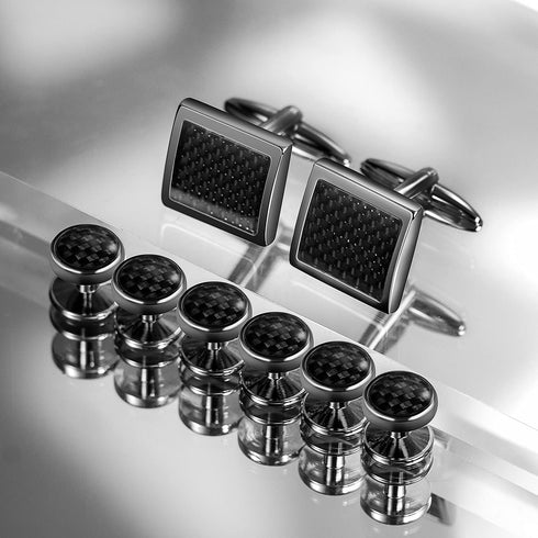 Mens Cufflinks and Tuxedo Studs Set in Gift Box (Carbon Fiber), Jewelry or Accessories in Gold Silver Black Tone, Matching with Shirts Vest and Bo...