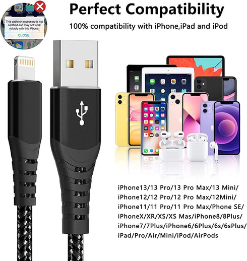 MFi Certified iPhone Charger Lightning Cable 3 Pack 6ft Nylon Braided Cable iPhone Charger Fast Charging Cord Compatible with iPhone 14 13 12 11 P...