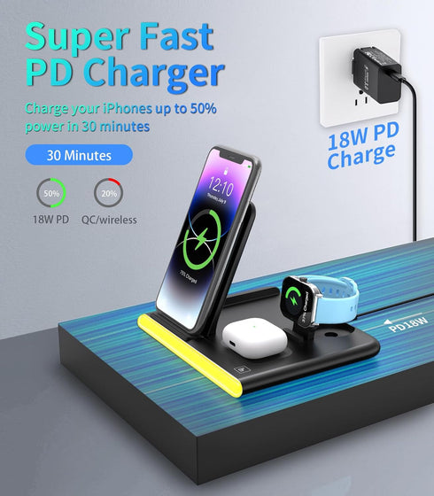 4 in 1 Wireless Charger for Apple: used for iPhone 11 12 13 14 15, Wireless Charging Station for Galaxy S9 10 21 22 23, Wireless Charging Stand fo...