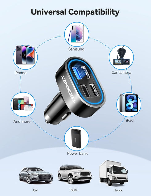 TECKNET USB Car Charger 54W 4-Port Car Phone Charger Adapter QC 3.0 Port Cigarette Lighter Charger Fast Charging Adapter Compatible with iPhone 15...