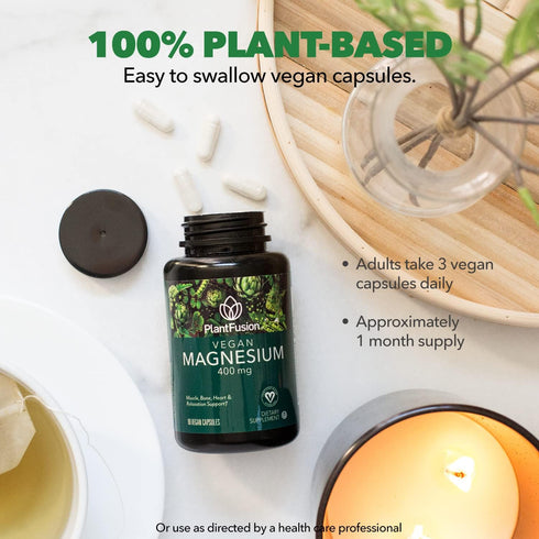 PlantFusion Vegan Magnesium 400 mg Dietary Supplement, Muscle, Bone, Heart & Relaxation Support, 90 Vegan Capsules...