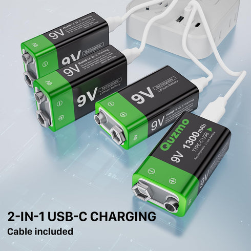 2-Pack Rechargeable 9 Volt Lithium-ion Batteries, 1300mAh Long Lasting Power, USB-C Recharge with 2 in 1 Charging Cable for Smoke Alarms,Multimete...