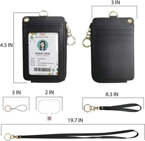 Black Lanyards for Id Badges, Pu Leather ID Badge Card Holder Wallet with 1 Clear ID Window, 4 Credit Card Slots, 1 Side Zipper Pocket,Wrist Strap...