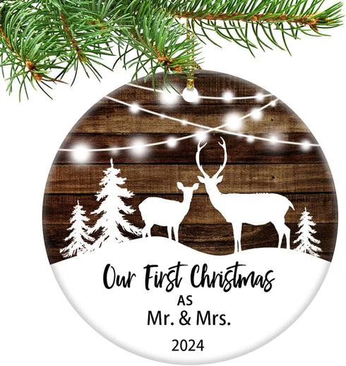 Our First Christmas as Mr & Mrs Deer Christmas 2024 Tree Ornament - Couple Newlywed (White and Brown)...