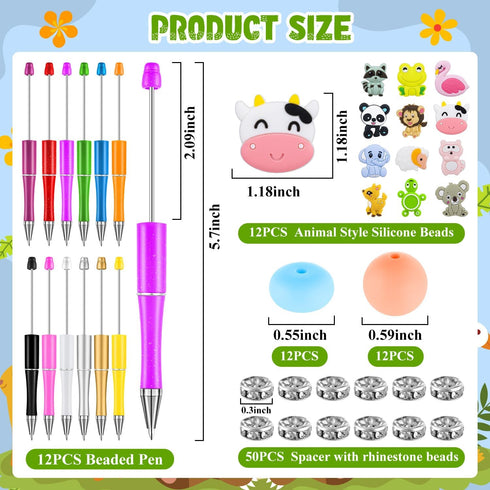 12Pcs Plastic Beadable Pens, Bead Pens with Animals Silicone Beads, Crystal Spacer Beads, Black Ink Ballpoin for DIY Gifts School Office Supplies...