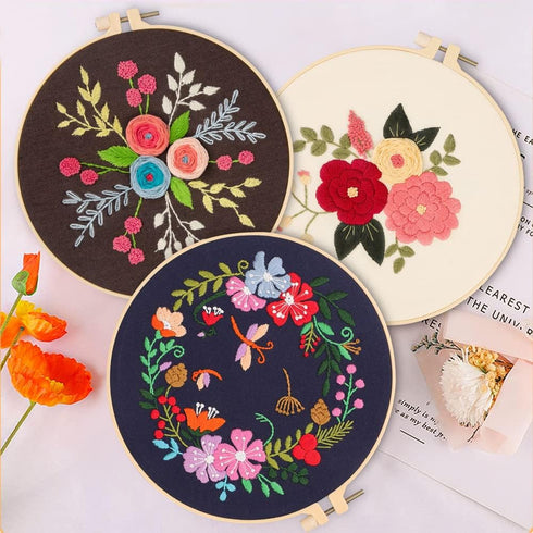 GOKURVG Embroidery Starter Kit with Floral Pattern and Instructions Hoops Floss Threads Needles,3 Pack Cross Stitch Kits Embroidery Kit for Adults...