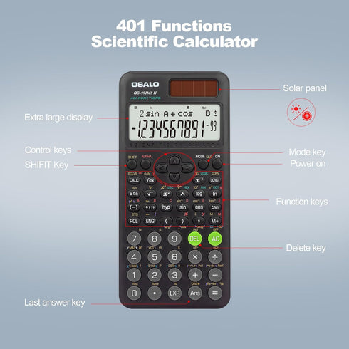 OSALO Scientific Calculator 401 Function 10+2 Digits Display Solar Battery Calculators Fraction Statistics Integral for Middle and High School Col...