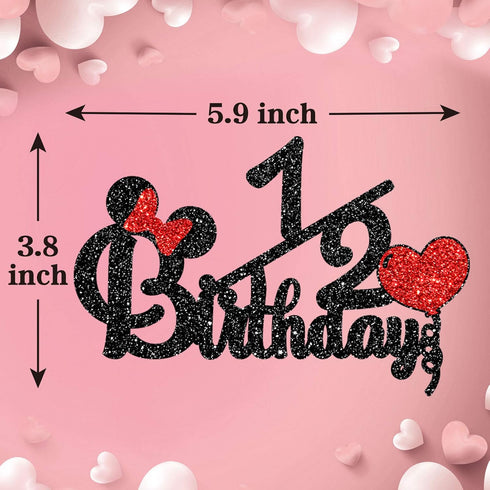 Happy 1/2 Birthday Cake Topper, Black and Red Glitter Mouse Theme Baby Shower Sign, Carton Theme Cake Decoration, 6 Months Birthday Party Supplies...