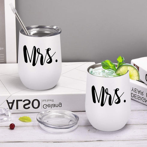 GINGPROUS 2 Pack Mrs and Mrs Wine Tumbler Set, Lesbian Couple Idea for Girlfriend, Engagement Wedding Anniversary LGBT Idea 12 Oz Insulated Stainl...