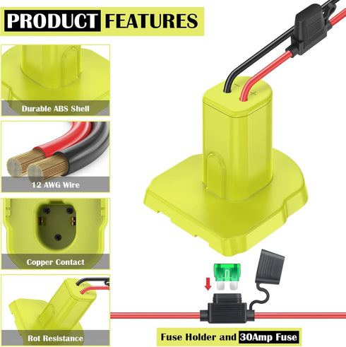 2 Packs Power Wheel Adapter for Ryobi 18V Battery Adapter Power Wheels Battery Conversion Kit with Fuses & Wire Terminals, 12AWG Wire, Power Conne...