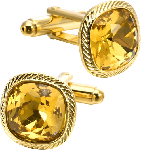 Yellow Zircon Gemstone Cufflinks for Men Lady In Gift Case 14K Gold Plated Square Men's Cufflinks Jewelry Set for Wedding Anniversary Business Par...