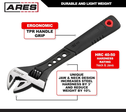ARES 79001-6-Inch Adjustable Wrench - 15/16-Inch Jaw Capacity - Chrome Vanadium Steel Construction - Ergonomic TPR Handle...
