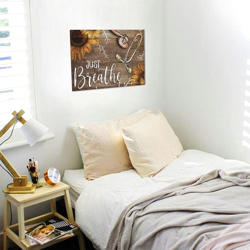 Sunator Just Breathe Canvas Wall Art Beautiful Sunflower And Medical Stethoscope Inspirational Pictures Motivational Quotes Poster Framed Wall Dec...