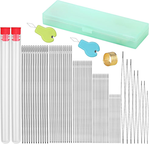 74 Pcs Beading Needles Set Include 60 Pcs Long Straight Beading Thread Needles + 8 Pcs Big Eye Beading Needles, Embroidery Needles with Needle Bot...