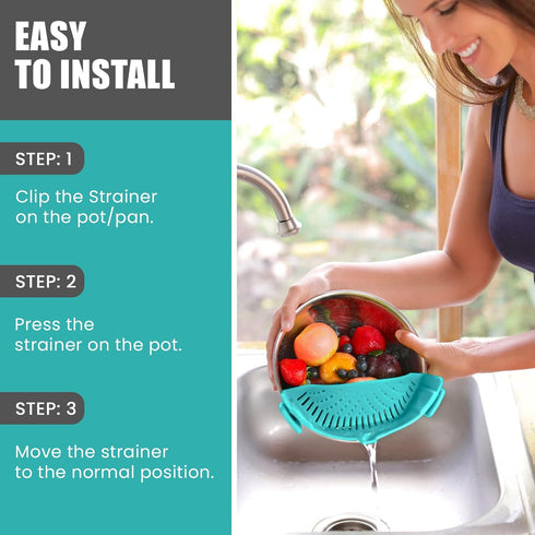 Clip On Kitchen Food Strainer for Spaghetti, Meat, Pasta, & Ground Beef Grease, Colander & Sieve Snaps or Clips Onto Bowls, Pots & Pans Includes S...