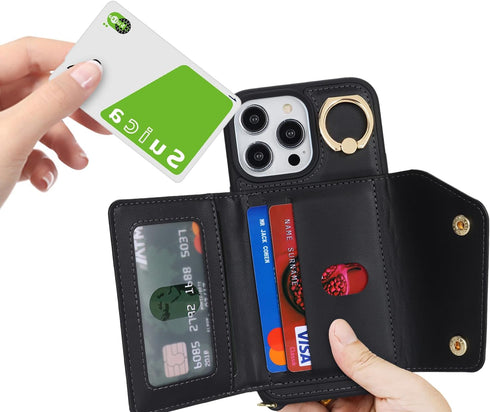 for iPhone 12 Pro Max Case with Card Holder and Strap - Zipper Pocket,Crossbody Lanyard Strap,Credit Card Holder,Stand Ring,Cute Phone Wallet Case...