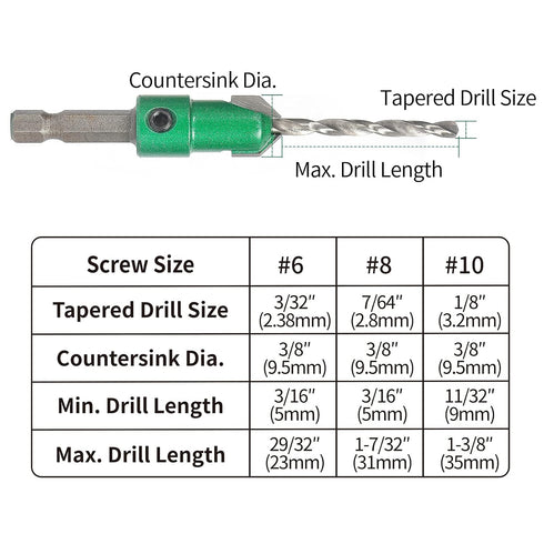 KOWOOD Pro Countersink Drill Bit Set # 6, 8, 10, 3-Piece for Wood,High Speed Steel Woodworking Carpentry Reamer with 1 Free Hex Key Wrench...