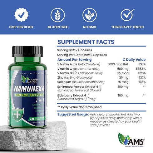 America Medic & Science Immunexa 7 in 1 Immune Support Booster (60 capsules) with Vitamin A, C, D, Zinc, Echinacea, Elderberry | Adults Immunity B...