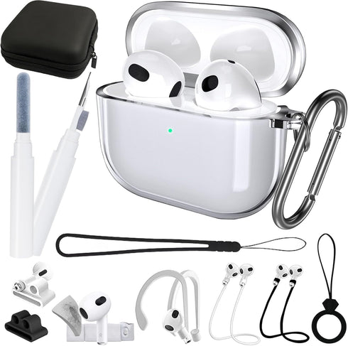 12in1 Clear Case for AirPods 3 Case Cover Accessories Set Kit with Cleaning Pen 2021, Non-Yellowing Shock Absorption TPU Protective Case for AirPo...